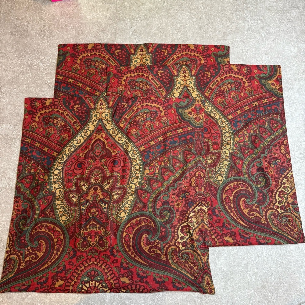 Pottery Barn Red Paisley Accent Pillow Covers with Gold & Green Accents